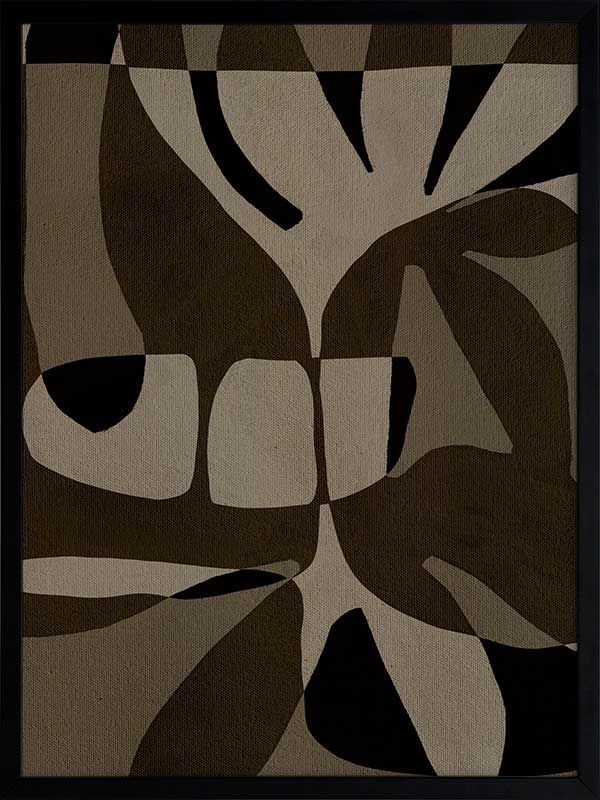 Curved, overlapping abstract forms in shades of olive, beige, and black create a sense of movement and rhythm, from the Shatha collection with Urban Road.