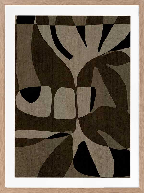 Curved, overlapping abstract forms in shades of olive, beige, and black create a sense of movement and rhythm, from the Shatha collection with Urban Road.