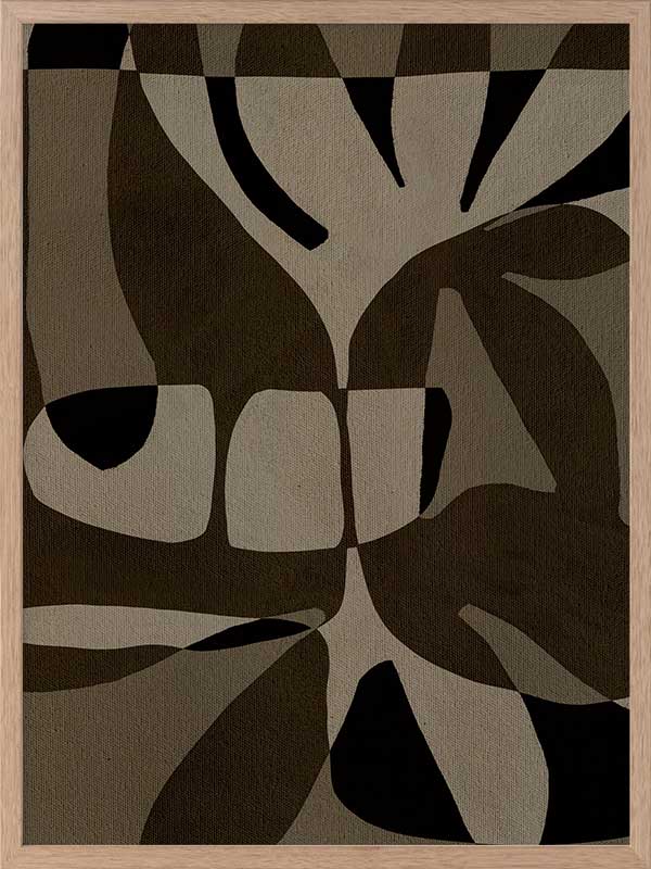 Curved, overlapping abstract forms in shades of olive, beige, and black create a sense of movement and rhythm, from the Shatha collection with Urban Road.