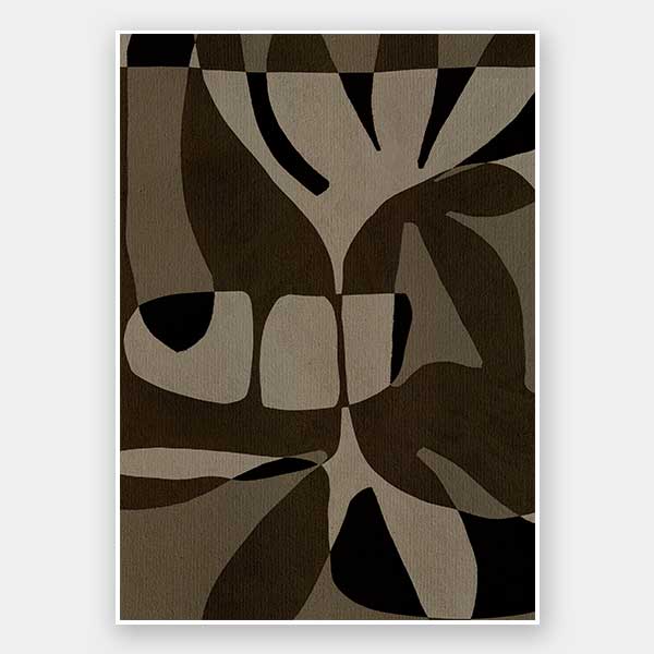 Curved, overlapping abstract forms in shades of olive, beige, and black create a sense of movement and rhythm, from the Shatha collection with Urban Road.