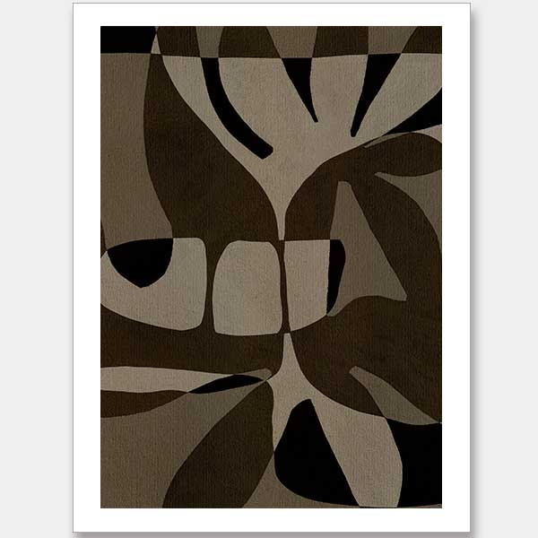 Curved, overlapping abstract forms in shades of olive, beige, and black create a sense of movement and rhythm, from the Shatha collection with Urban Road.