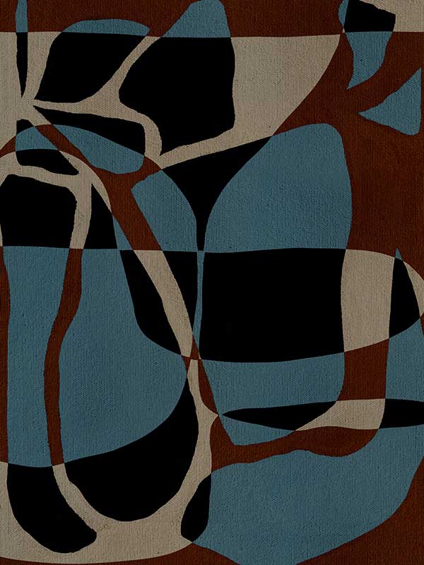 Dynamic abstract design with bold blue, black, and beige forms outlined in red, creating an energetic flow, from the Shatha collection with Urban Road.