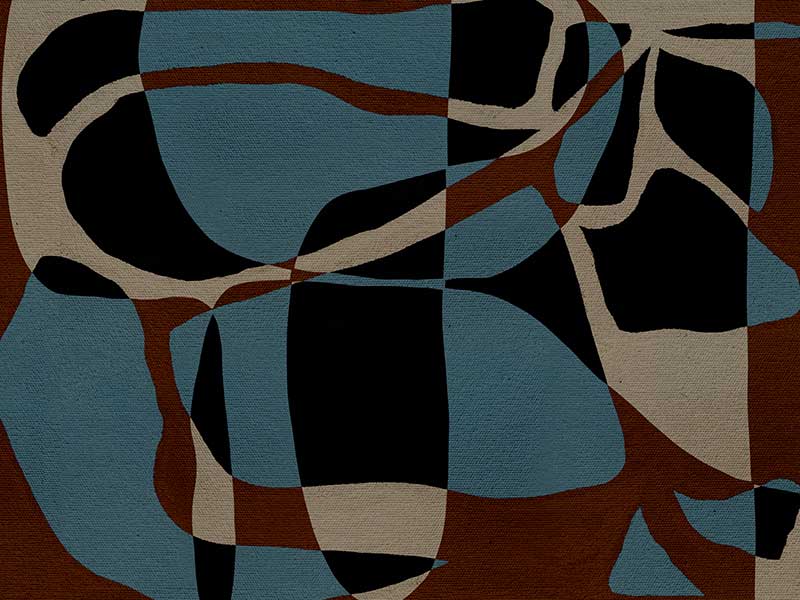 Dynamic abstract design with bold blue, black, and beige forms outlined in red, creating an energetic flow, from the Shatha collection with Urban Road.
