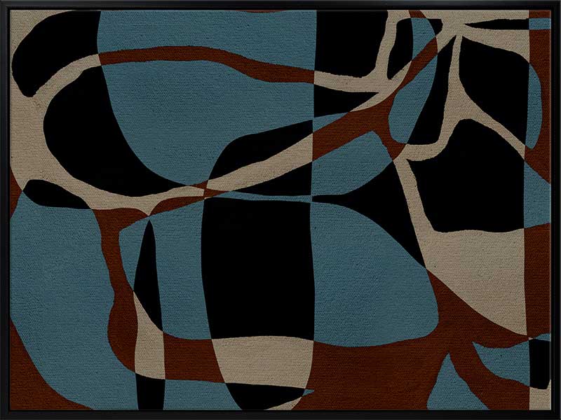 Dynamic abstract design with bold blue, black, and beige forms outlined in red, creating an energetic flow, from the Shatha collection with Urban Road.