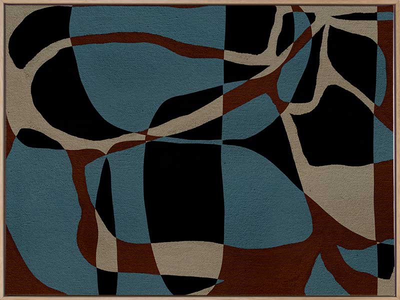 Dynamic abstract design with bold blue, black, and beige forms outlined in red, creating an energetic flow, from the Shatha collection with Urban Road.