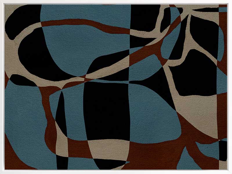 Dynamic abstract design with bold blue, black, and beige forms outlined in red, creating an energetic flow, from the Shatha collection with Urban Road.