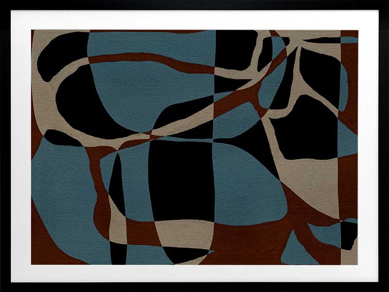 Dynamic abstract design with bold blue, black, and beige forms outlined in red, creating an energetic flow, from the Shatha collection with Urban Road.