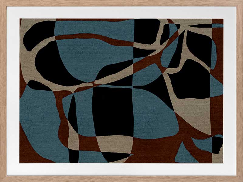 Dynamic abstract design with bold blue, black, and beige forms outlined in red, creating an energetic flow, from the Shatha collection with Urban Road.