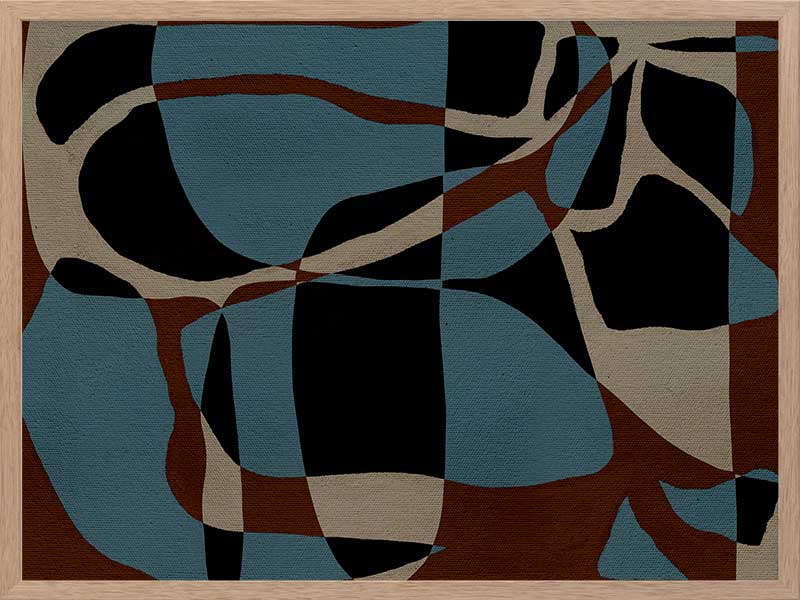 Dynamic abstract design with bold blue, black, and beige forms outlined in red, creating an energetic flow, from the Shatha collection with Urban Road.