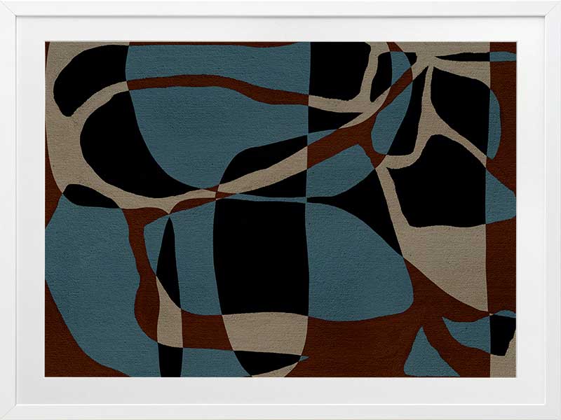 Dynamic abstract design with bold blue, black, and beige forms outlined in red, creating an energetic flow, from the Shatha collection with Urban Road.