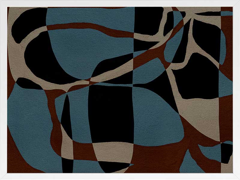 Dynamic abstract design with bold blue, black, and beige forms outlined in red, creating an energetic flow, from the Shatha collection with Urban Road.
