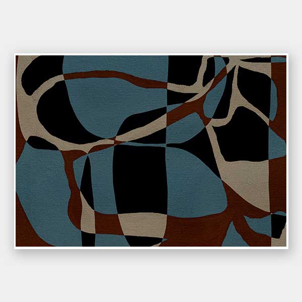 Dynamic abstract design with bold blue, black, and beige forms outlined in red, creating an energetic flow, from the Shatha collection with Urban Road.