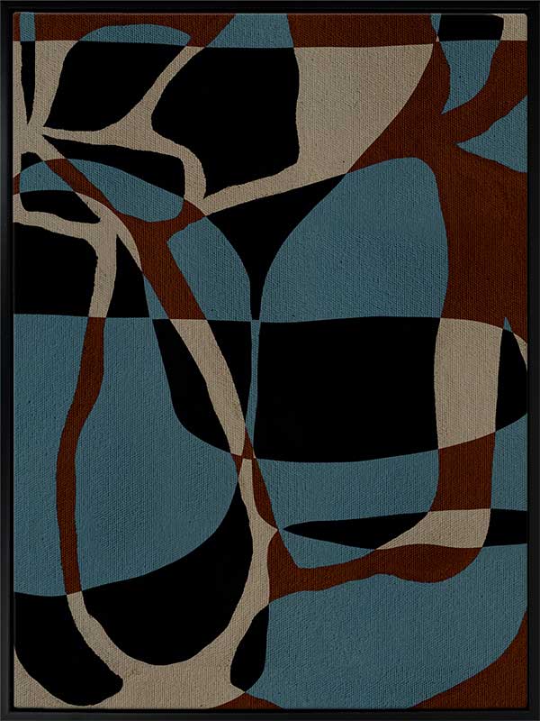 Dynamic abstract design with bold blue, black, and beige forms outlined in red, creating an energetic flow, from the Shatha collection with Urban Road.