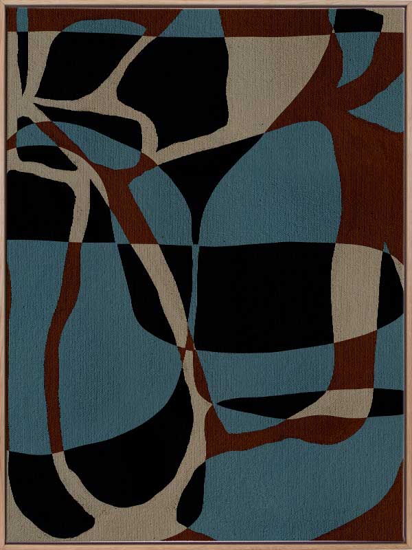 Dynamic abstract design with bold blue, black, and beige forms outlined in red, creating an energetic flow, from the Shatha collection with Urban Road.