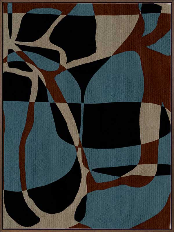 Dynamic abstract design with bold blue, black, and beige forms outlined in red, creating an energetic flow, from the Shatha collection with Urban Road.