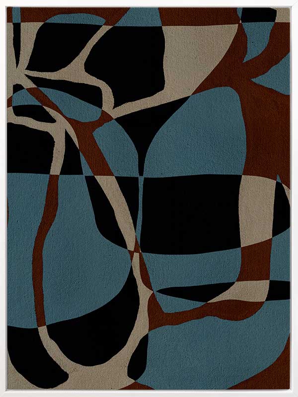 Dynamic abstract design with bold blue, black, and beige forms outlined in red, creating an energetic flow, from the Shatha collection with Urban Road.