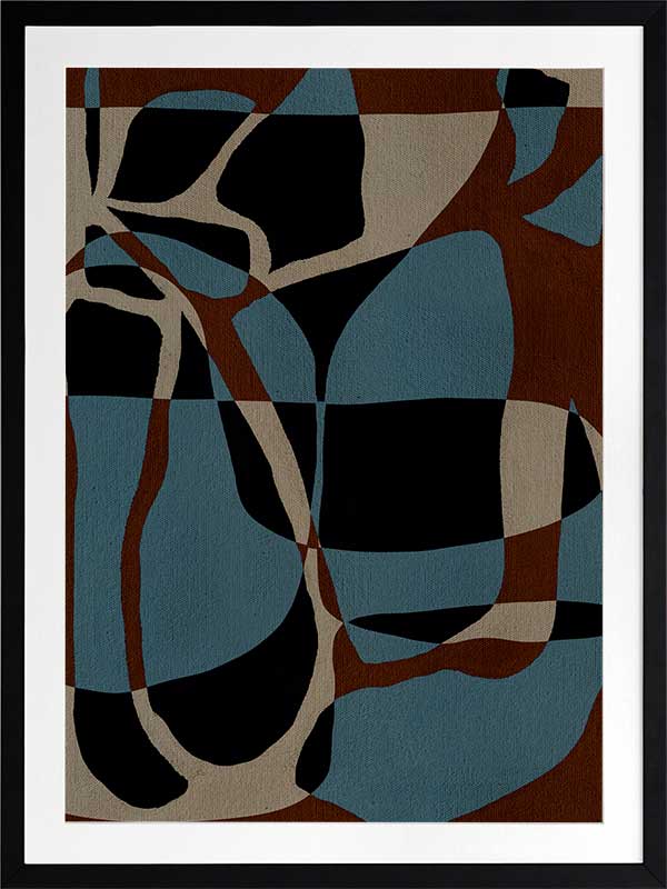 Dynamic abstract design with bold blue, black, and beige forms outlined in red, creating an energetic flow, from the Shatha collection with Urban Road.