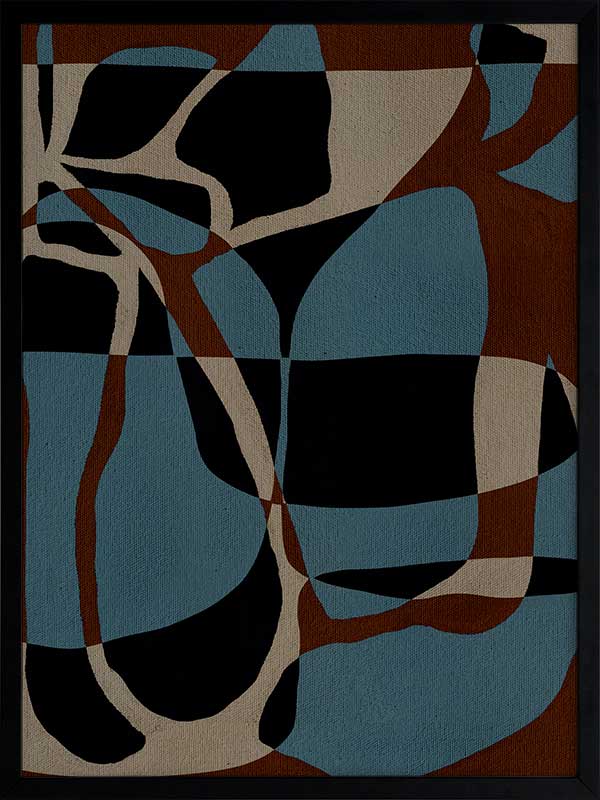 Dynamic abstract design with bold blue, black, and beige forms outlined in red, creating an energetic flow, from the Shatha collection with Urban Road.