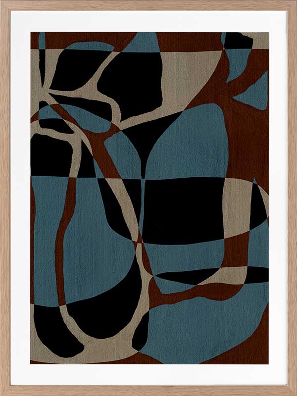 Dynamic abstract design with bold blue, black, and beige forms outlined in red, creating an energetic flow, from the Shatha collection with Urban Road.