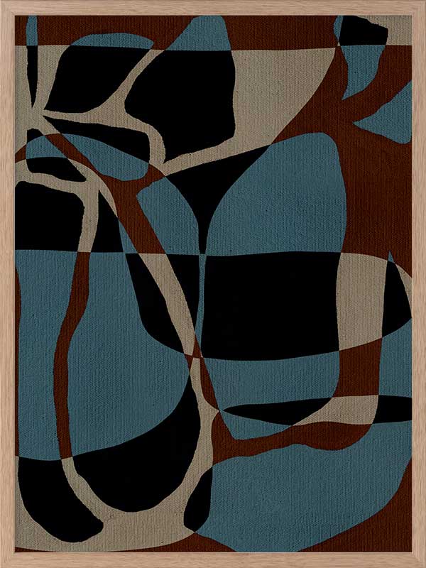 Dynamic abstract design with bold blue, black, and beige forms outlined in red, creating an energetic flow, from the Shatha collection with Urban Road.