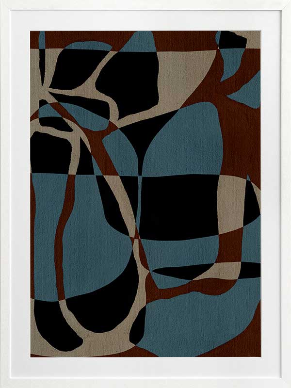 Dynamic abstract design with bold blue, black, and beige forms outlined in red, creating an energetic flow, from the Shatha collection with Urban Road.