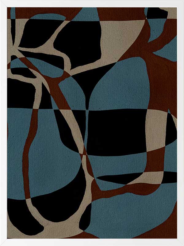 Dynamic abstract design with bold blue, black, and beige forms outlined in red, creating an energetic flow, from the Shatha collection with Urban Road.