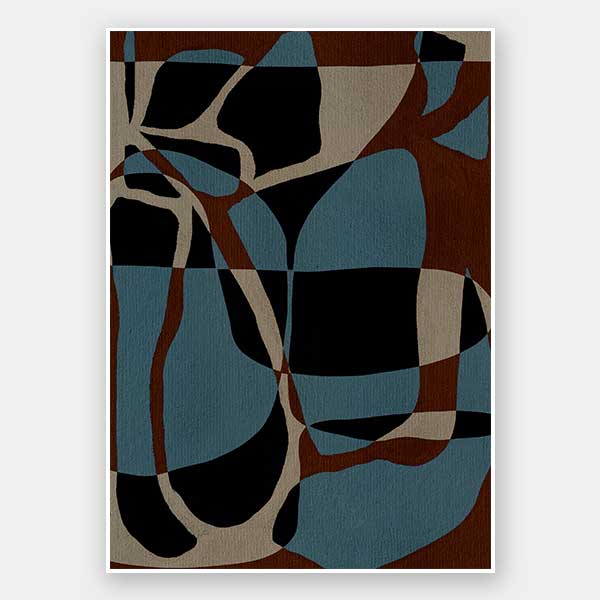 Dynamic abstract design with bold blue, black, and beige forms outlined in red, creating an energetic flow, from the Shatha collection with Urban Road.