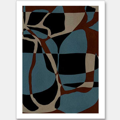 Dynamic abstract design with bold blue, black, and beige forms outlined in red, creating an energetic flow, from the Shatha collection with Urban Road.