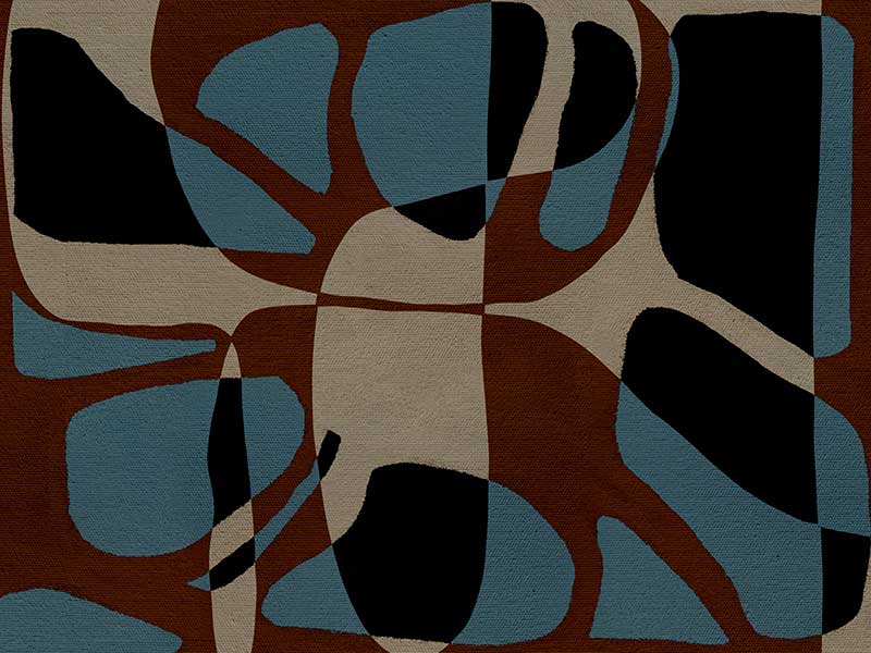 Playful composition of organic shapes in terracotta, black, and turquoise with intersecting negative space, from the Shatha collection with Urban Road.
