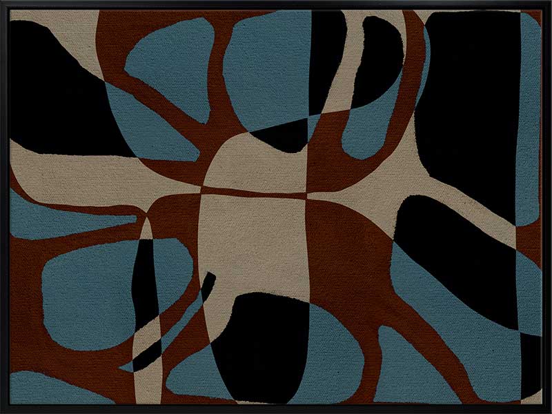 Playful composition of organic shapes in terracotta, black, and turquoise with intersecting negative space, from the Shatha collection with Urban Road.
