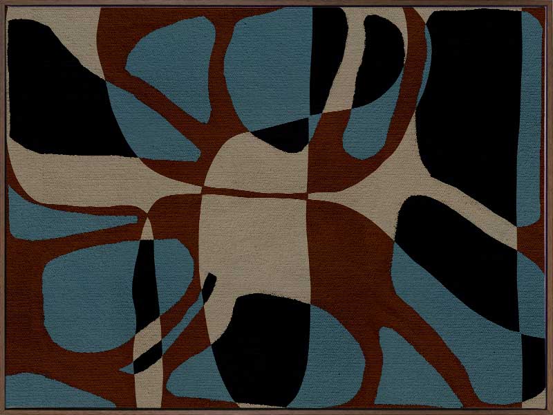 Playful composition of organic shapes in terracotta, black, and turquoise with intersecting negative space, from the Shatha collection with Urban Road.
