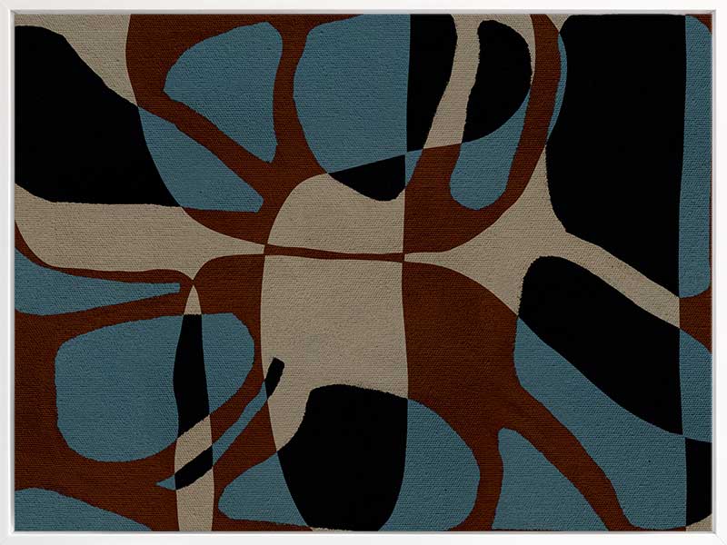 Playful composition of organic shapes in terracotta, black, and turquoise with intersecting negative space, from the Shatha collection with Urban Road.
