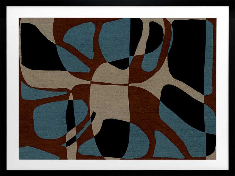 Playful composition of organic shapes in terracotta, black, and turquoise with intersecting negative space, from the Shatha collection with Urban Road.
