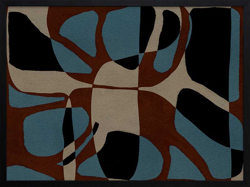 Playful composition of organic shapes in terracotta, black, and turquoise with intersecting negative space, from the Shatha collection with Urban Road.
