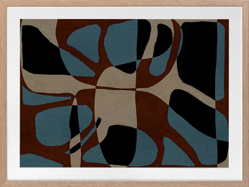 Playful composition of organic shapes in terracotta, black, and turquoise with intersecting negative space, from the Shatha collection with Urban Road.
