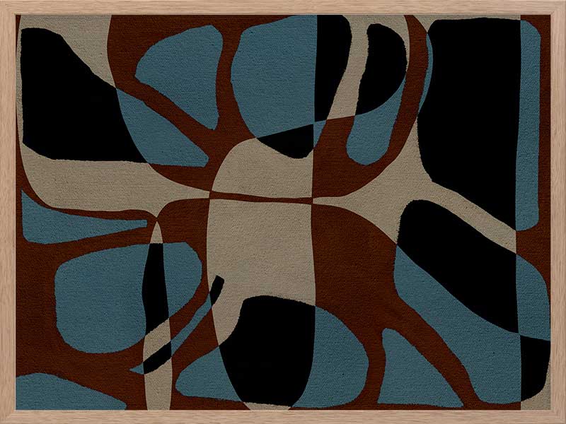 Playful composition of organic shapes in terracotta, black, and turquoise with intersecting negative space, from the Shatha collection with Urban Road.
