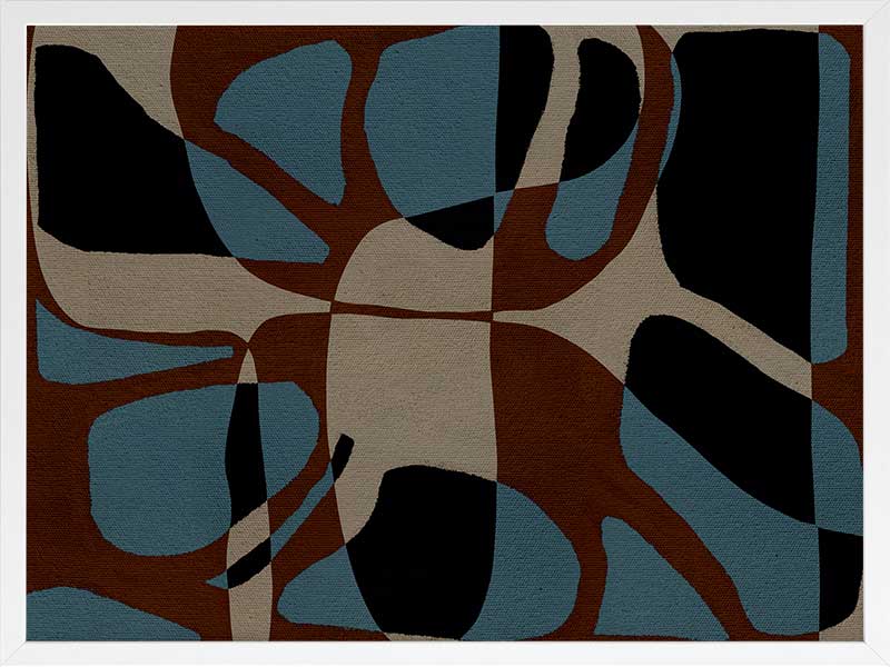 Playful composition of organic shapes in terracotta, black, and turquoise with intersecting negative space, from the Shatha collection with Urban Road.
