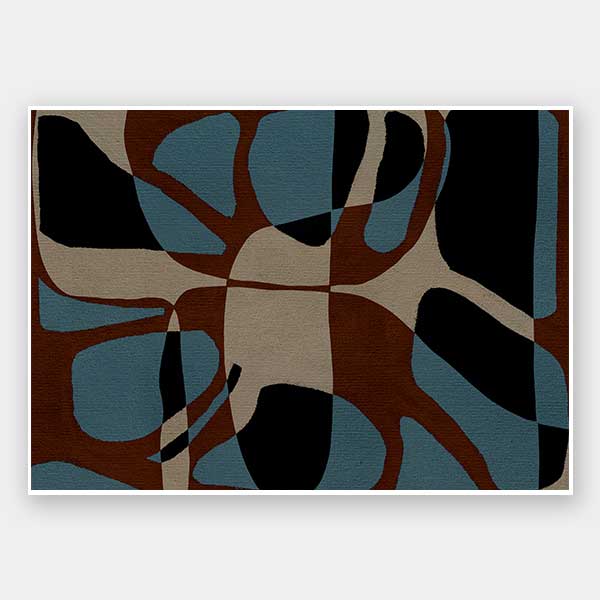 Playful composition of organic shapes in terracotta, black, and turquoise with intersecting negative space, from the Shatha collection with Urban Road.
