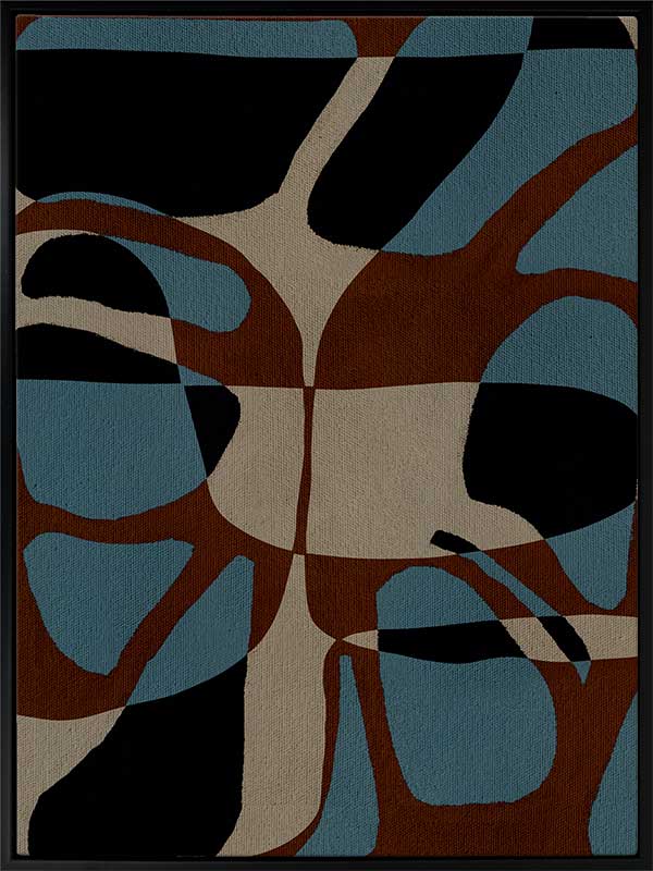 Playful composition of organic shapes in terracotta, black, and turquoise with intersecting negative space, from the Shatha collection with Urban Road.
