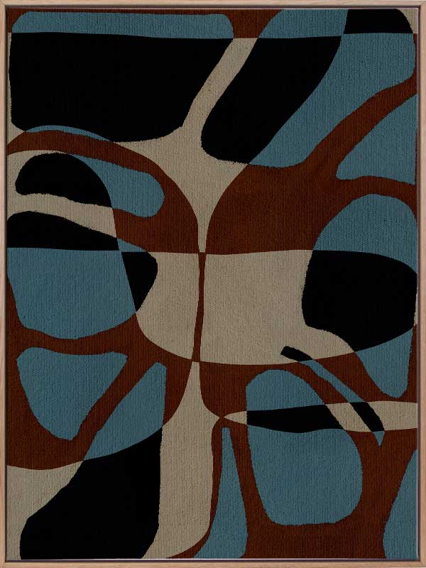 Playful composition of organic shapes in terracotta, black, and turquoise with intersecting negative space, from the Shatha collection with Urban Road.
