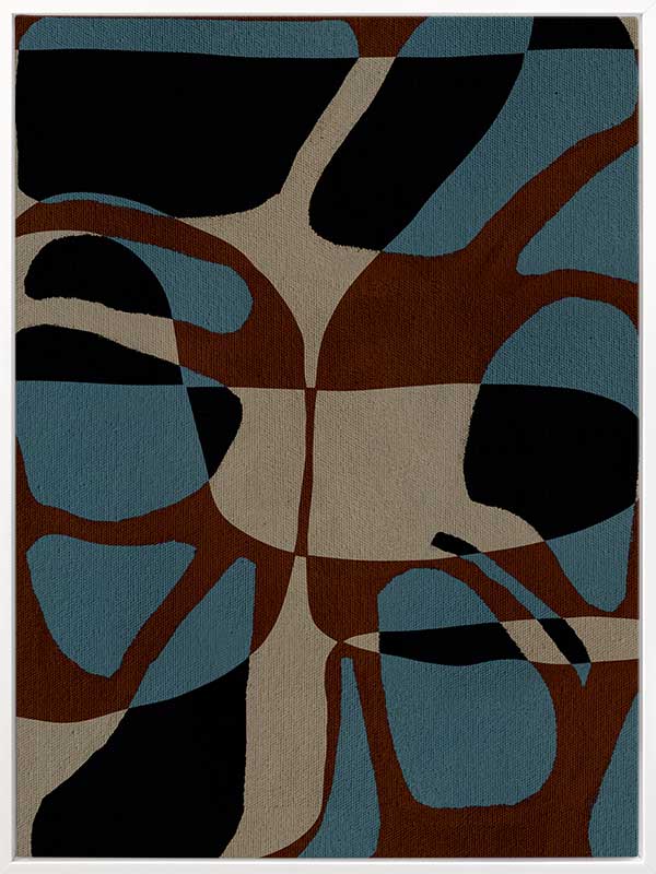 Playful composition of organic shapes in terracotta, black, and turquoise with intersecting negative space, from the Shatha collection with Urban Road.
