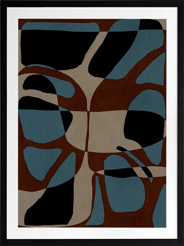 Playful composition of organic shapes in terracotta, black, and turquoise with intersecting negative space, from the Shatha collection with Urban Road.
