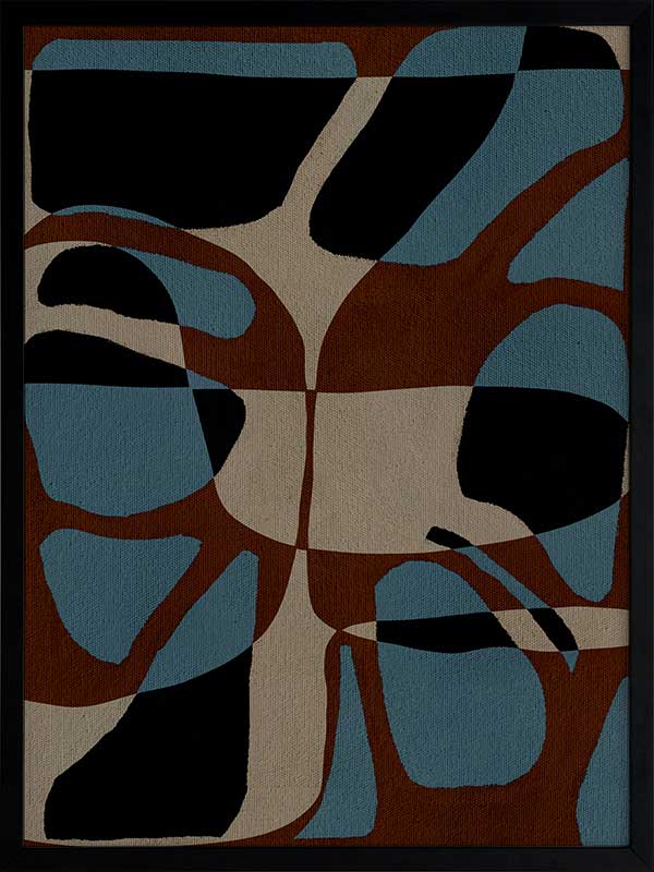 Playful composition of organic shapes in terracotta, black, and turquoise with intersecting negative space, from the Shatha collection with Urban Road.
