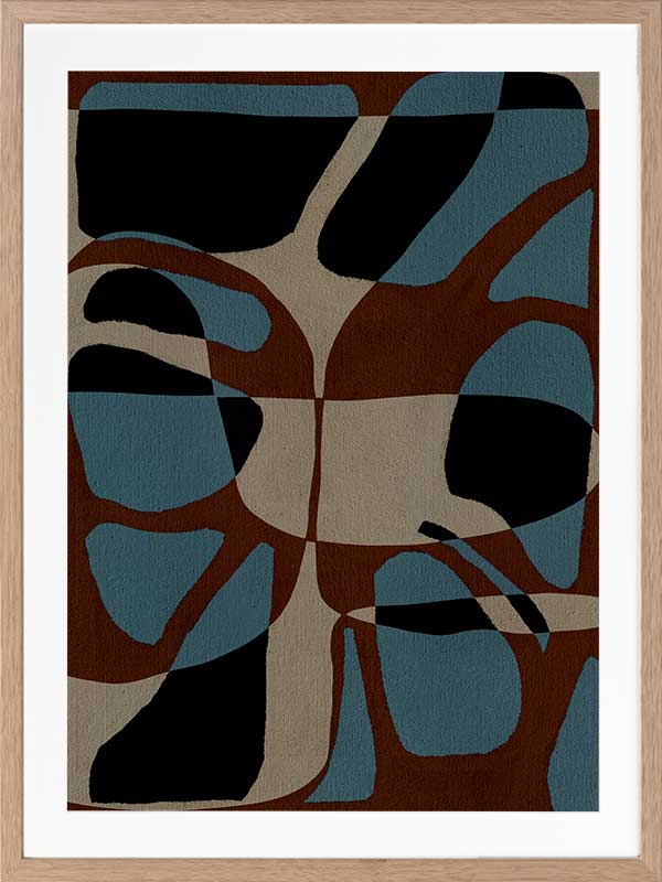 Playful composition of organic shapes in terracotta, black, and turquoise with intersecting negative space, from the Shatha collection with Urban Road.
