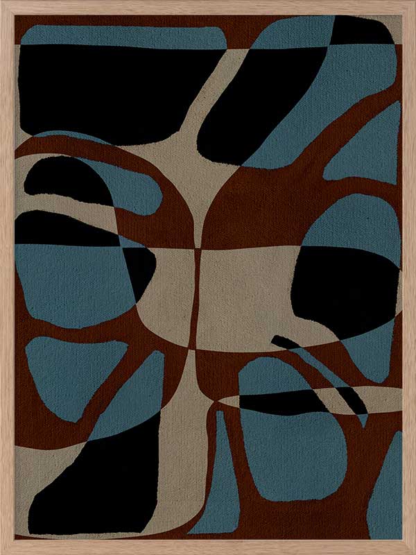 Playful composition of organic shapes in terracotta, black, and turquoise with intersecting negative space, from the Shatha collection with Urban Road.
