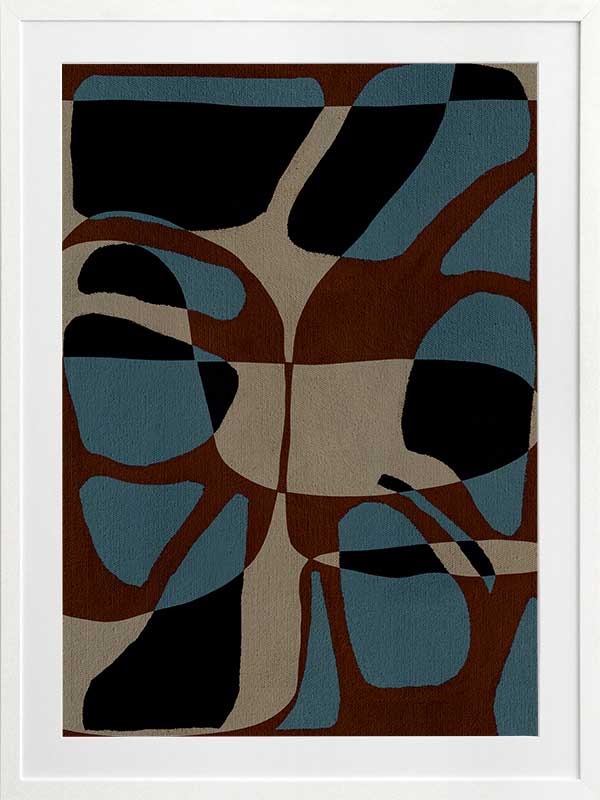 Playful composition of organic shapes in terracotta, black, and turquoise with intersecting negative space, from the Shatha collection with Urban Road.
