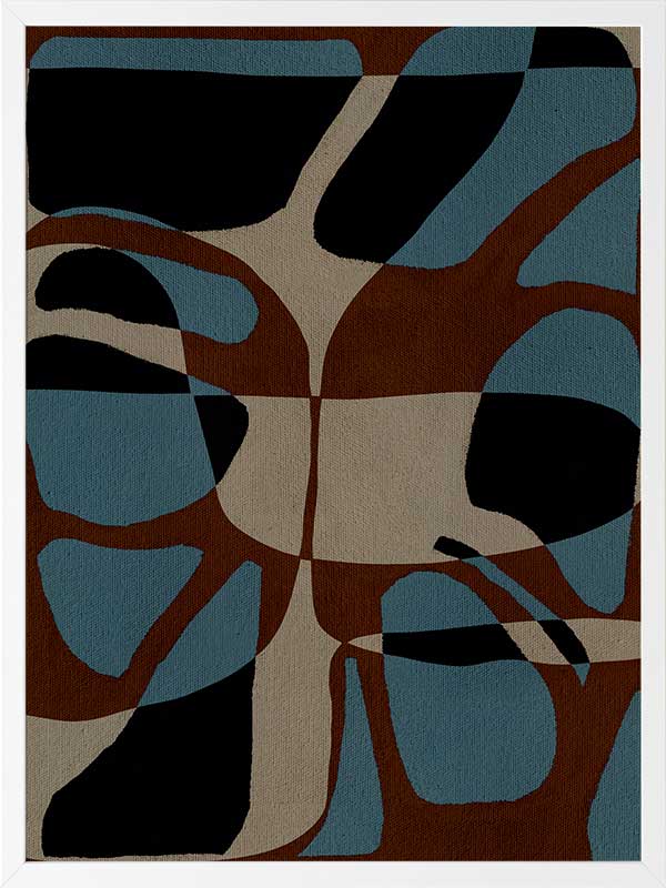 Playful composition of organic shapes in terracotta, black, and turquoise with intersecting negative space, from the Shatha collection with Urban Road.
