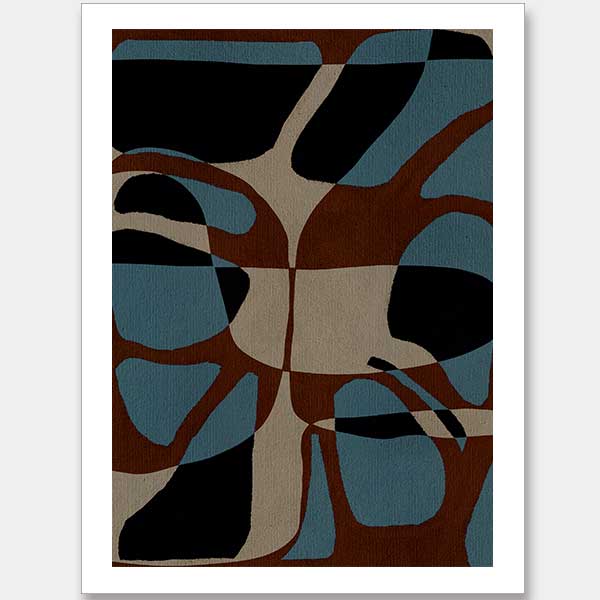 Playful composition of organic shapes in terracotta, black, and turquoise with intersecting negative space, from the Shatha collection with Urban Road.
