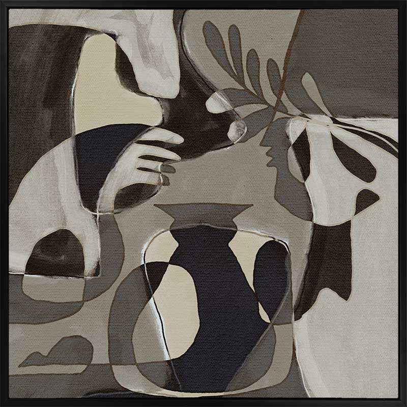 Muted grayscale artwork with abstracted human forms and botanical details creating a soft, introspective mood, from the Shatha collection with Urban Road.