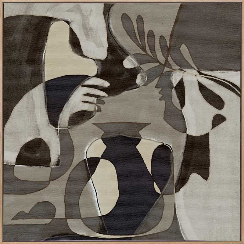 Muted grayscale artwork with abstracted human forms and botanical details creating a soft, introspective mood, from the Shatha collection with Urban Road.